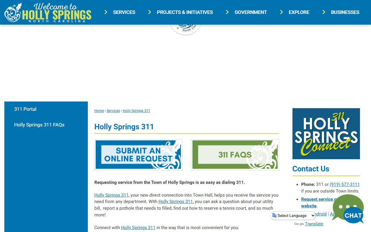 Holly Springs 311 access page