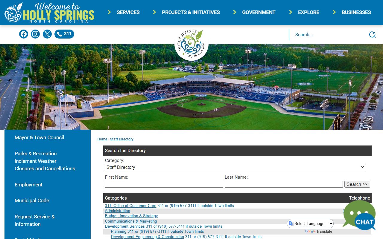 Holly Springs Staff Directory department list and search prompt