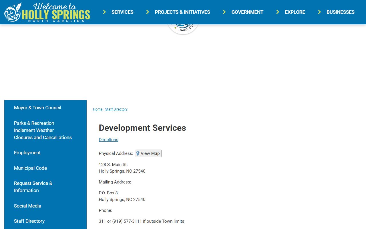 Holly Springs Development Services directory with staff phone rows