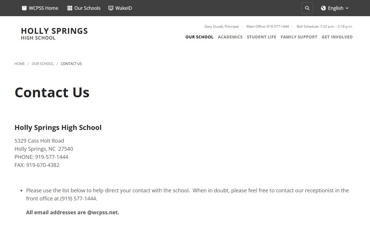 Holly Springs High contact page with topic contacts and extensions