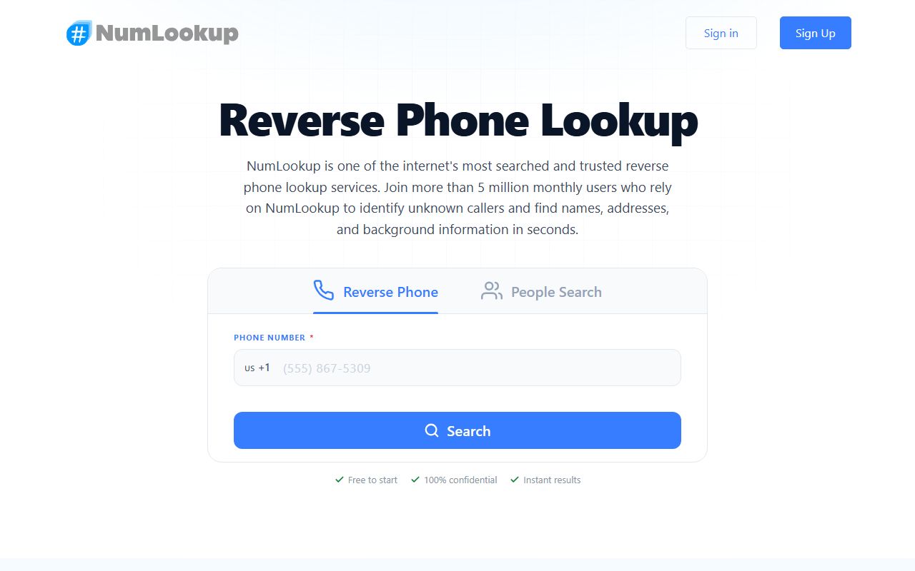 NumLookup reverse phone lookup search field